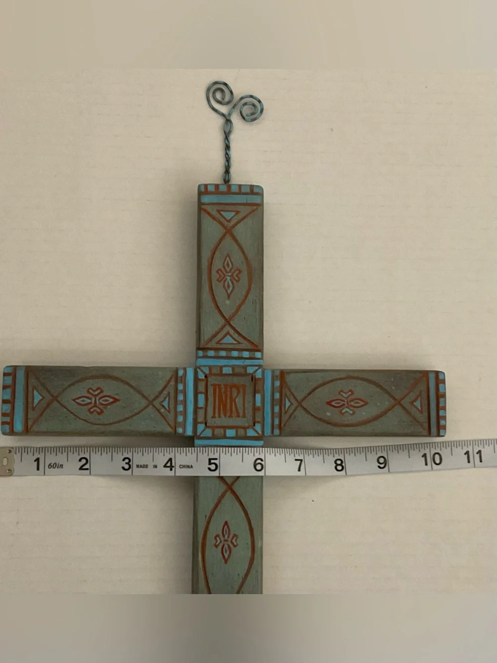 Handmade Decorative Wooden Painted Carved Wall CrossTeal and Rust -INRI Accent